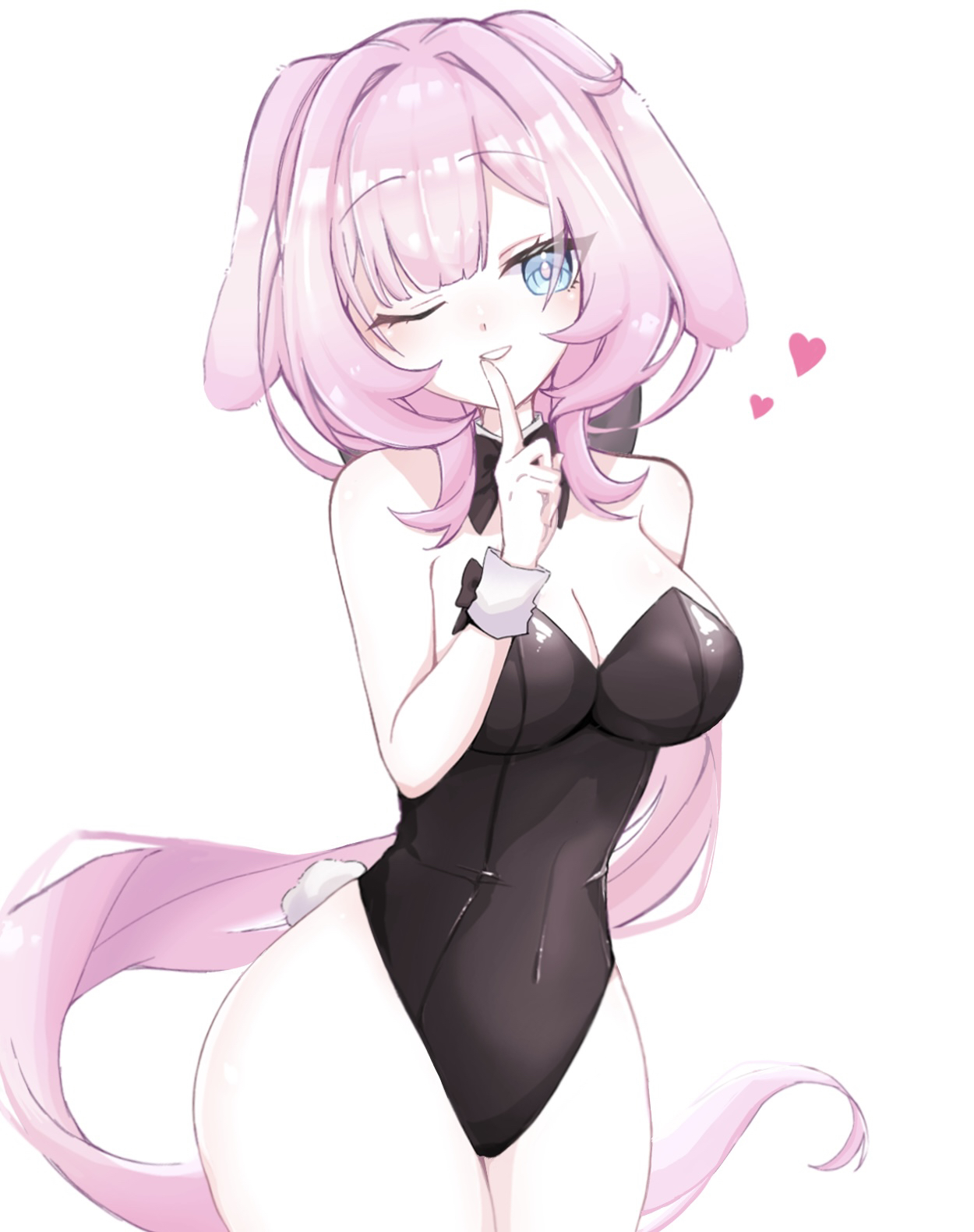 weizhi (micimicimicimic), elysia (honkai impact), honkai (series), honkai impact 3rd, commentary request, highres, 1girl, ;), alternate costume, animal ears, bare shoulders, black bow, black bowtie, black leotard, blue eyes, bow, bowtie, breasts, cleavage, covered navel, dog ears, finger to mouth, heart, leotard, long hair, one eye closed, pink hair, playboy bunny, shushing, simple background, smile, solo, thighs, very long hair, white background