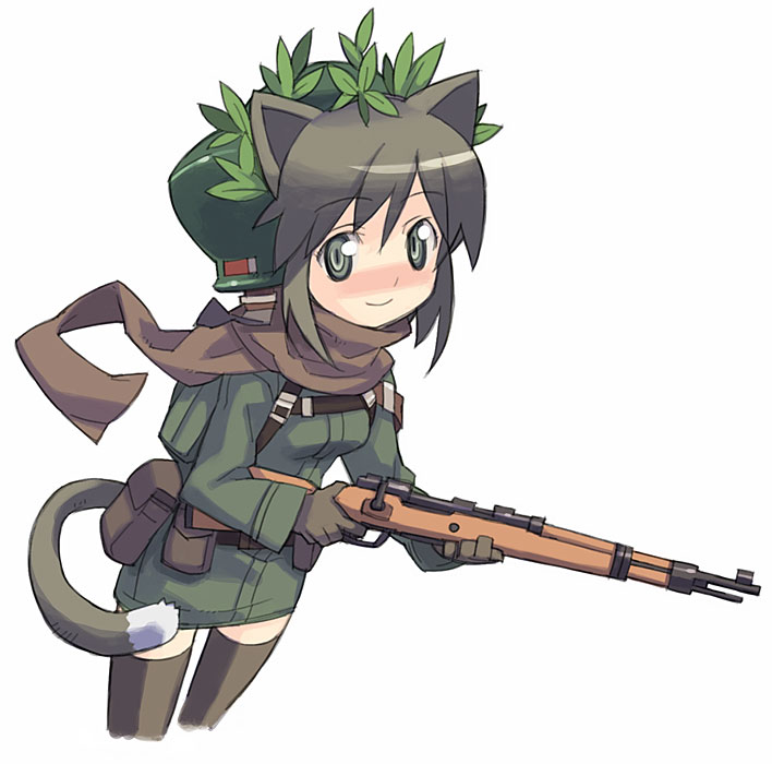 tanaka (cow), sniper, 1girl, animal ears, army, belt, black thighhighs, bolt action, brown hair, brown scarf, camouflage, cat ears, cat tail, female focus, green eyes, gun, hat, helmet, karabiner 98k, leaf, looking at viewer, mauser 98, rifle, scarf, short hair, simple background, skirt, solo, standing, tail, thighhighs, weapon, white background, world war ii
