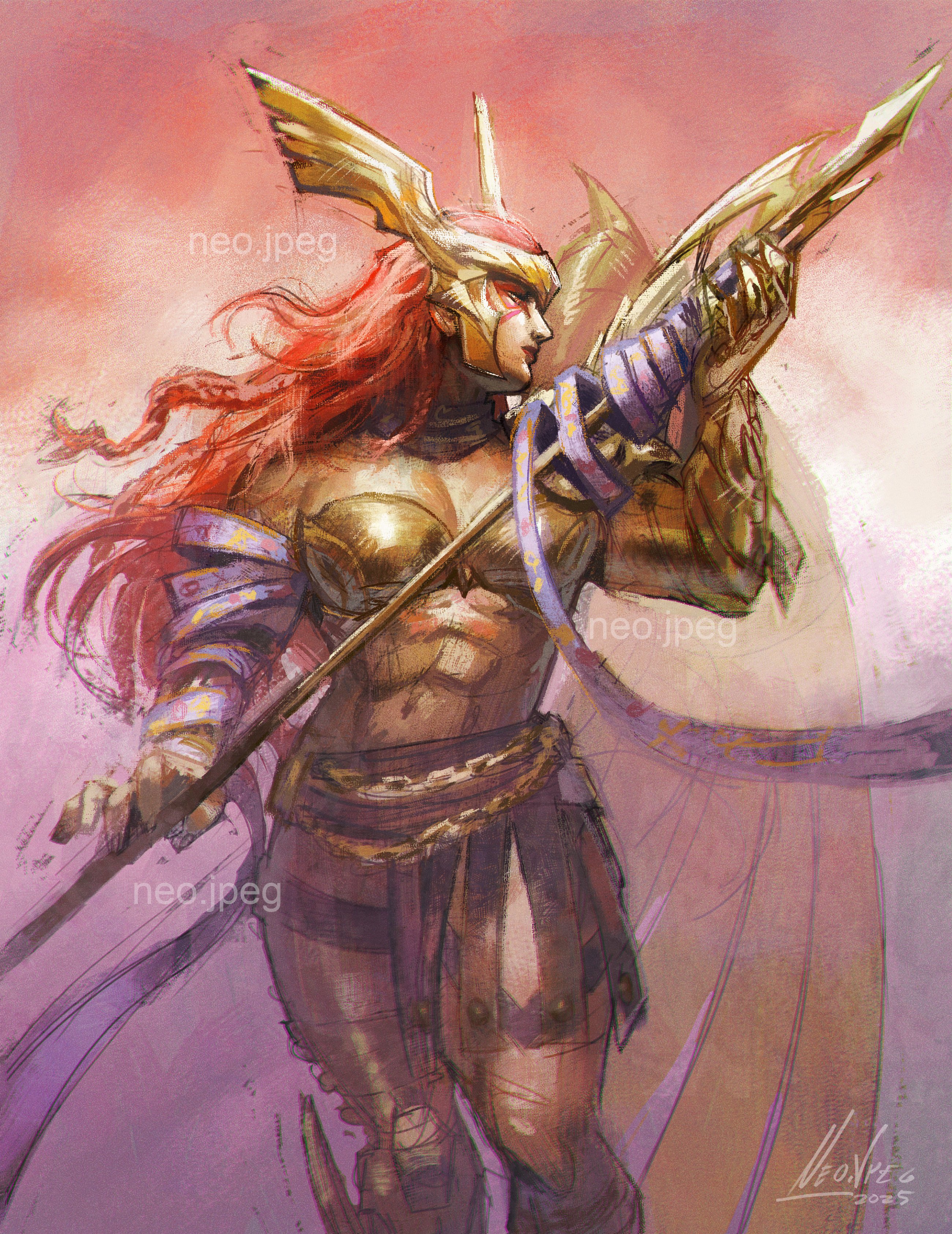 neo jpeg, marvel, marvel rivals, absurdres, highres, 1girl, abs, angela (marvel), breasts, long hair, metal bra, muscular, muscular female, navel, polearm, red hair, solo, spear, weapon, wings