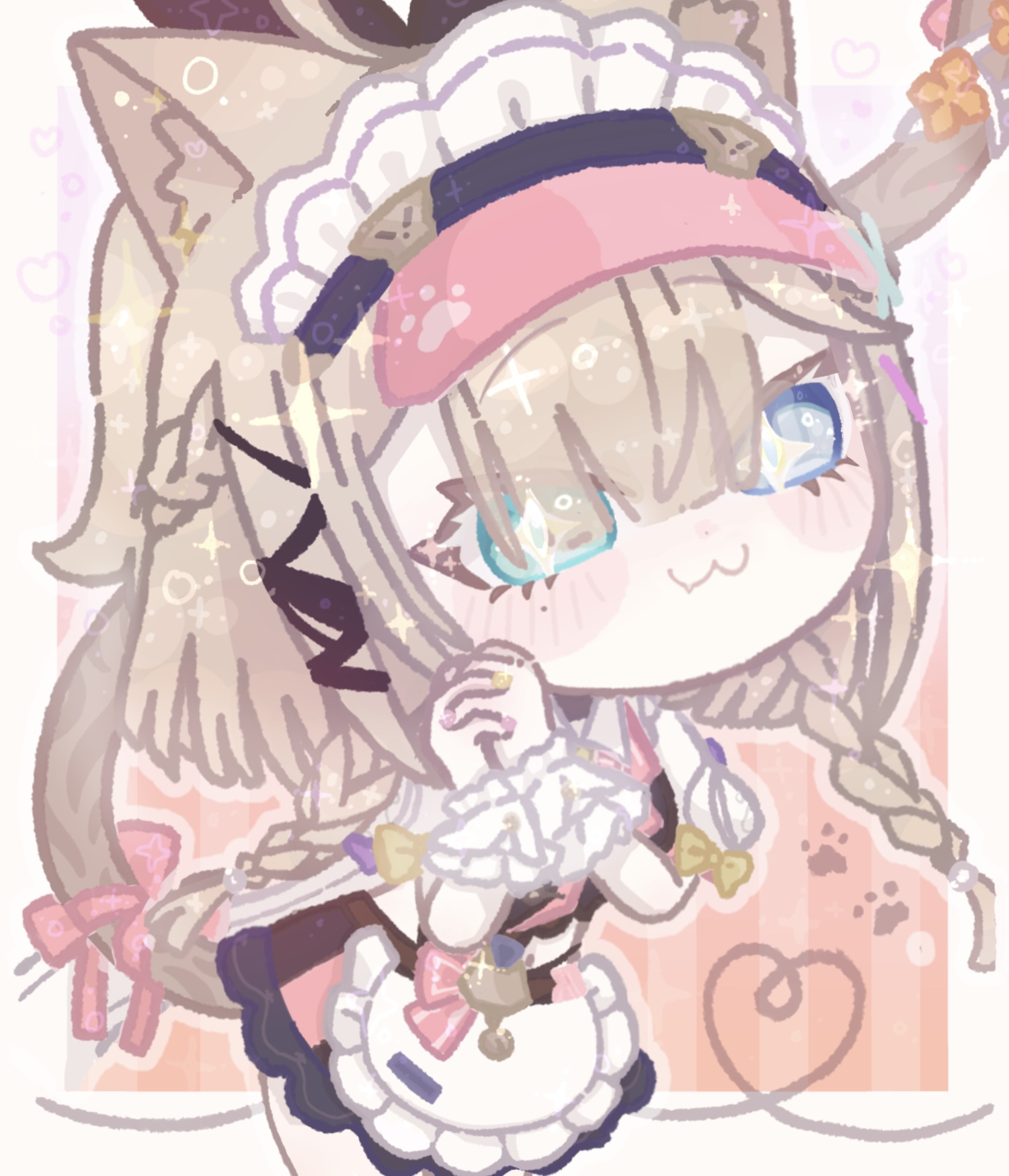 weizhi (micimicimicimic), pardofelis, pardofelis (meowtose macchiato), honkai (series), honkai impact 3rd, commentary request, highres, + +, 1girl, :3, alternate costume, animal ears, apron, aqua eyes, black dress, blue eyes, border, bow, braid, brown hair, cat ears, cat girl, cat tail, chibi, chibi only, dress, enmaided, heterochromia, looking at viewer, low twin braids, maid, maid headdress, medium hair, official alternate costume, own hands clasped, own hands together, pink bow, pink visor, solo, tail, tail bow, tail ornament, twin braids, visor cap, yellow border