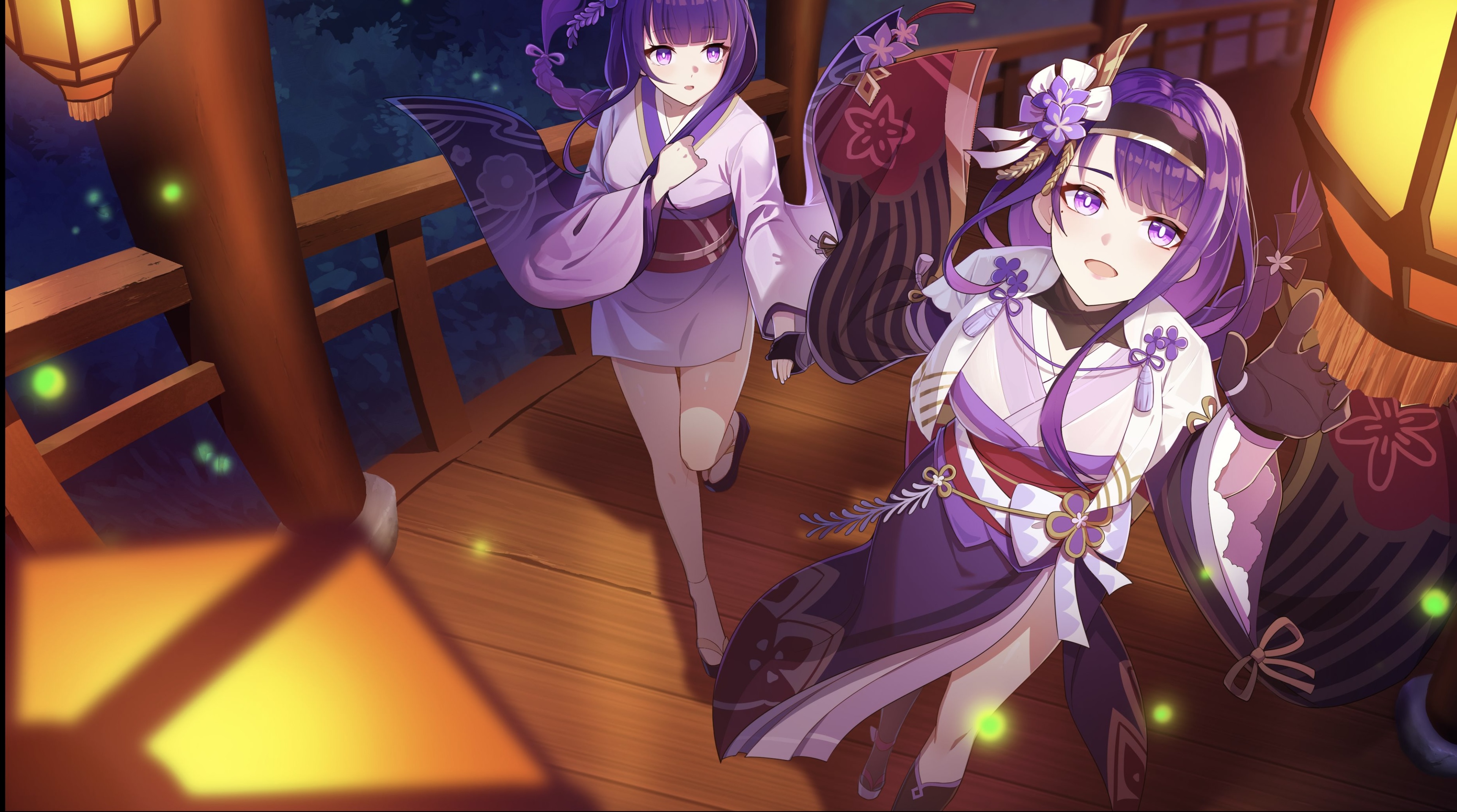 hamilundenongdizhe, makoto (genshin impact), raiden shogun, genshin impact, absurdres, chinese commentary, commentary request, highres, 2girls, alternate costume, black gloves, braid, dress, gloves, hair ornament, hand up, holding hands, japanese clothes, lantern, light blush, long braid, long hair, long sleeves, looking at viewer, multiple girls, open mouth, paper lantern, pelvic curtain, purple eyes, purple hair, sandals, siblings, single braid, sisters, wide sleeves