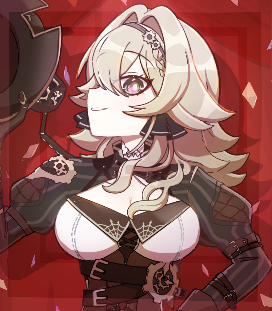 weizhi (micimicimicimic), vill-v, honkai (series), honkai impact 3rd, commentary request, 1girl, breasts, brown hat, brown shrug, cleavage, confetti, grey eyes, grey hair, hair intakes, hairband, hat, holding, holding unworn clothes, holding unworn hat, long hair, looking at viewer, medium breasts, parted lips, red pupils, sideways mouth, smile, solo, top hat, unworn hat, unworn headwear, upper body