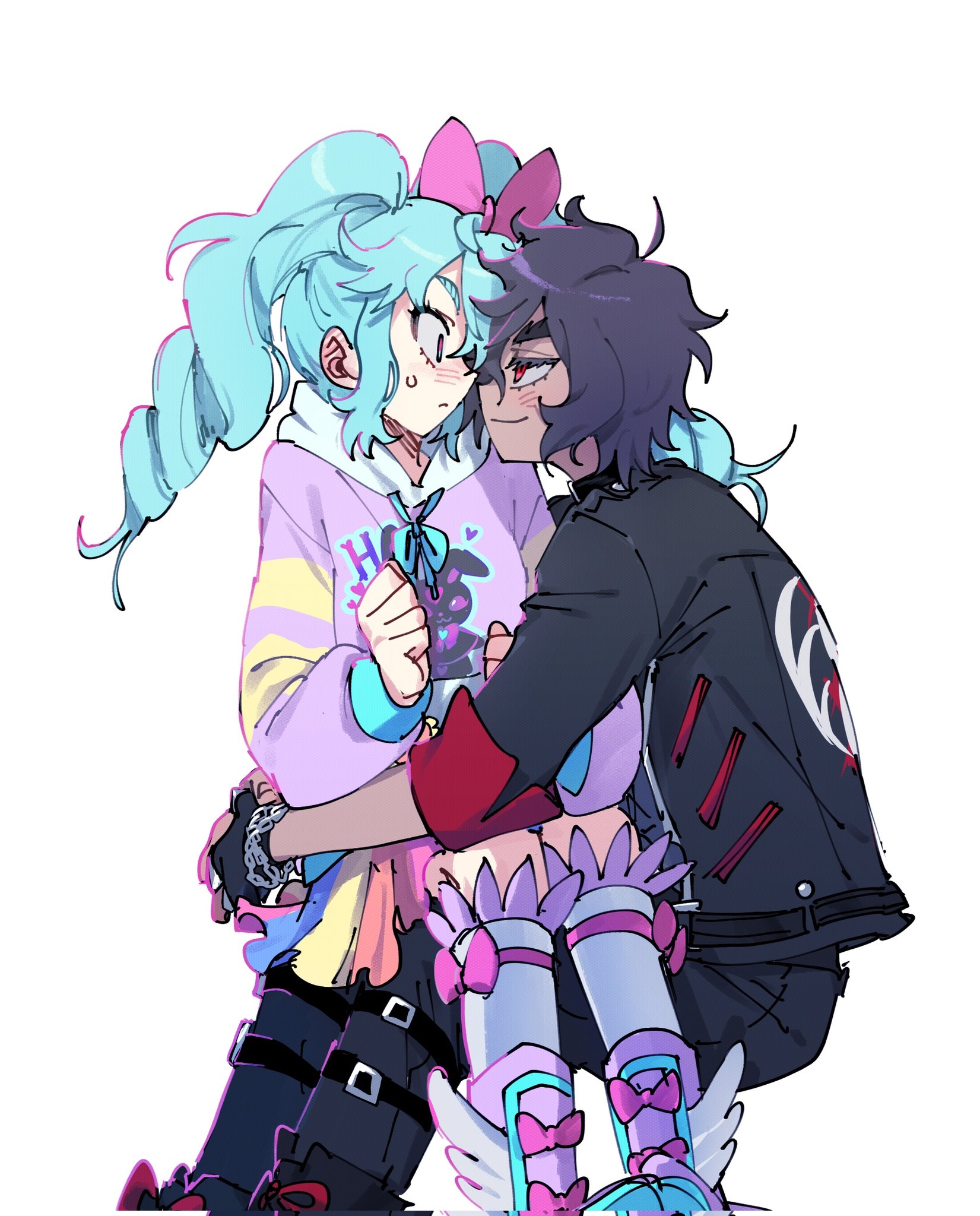 katasumi amari, pretty series, pripara, commentary, highres, 1boy, 1girl, arms around waist, black gloves, black hair, black jacket, black pants, boots, bow, clenched hand, colored lineart, constricted pupils, dark-skinned male, dark skin, drill hair, fingerless gloves, gloves, hair bow, half-closed eyes, hood, hoodie, j13g 7, jacket, kneehighs, light blush, long hair, long sleeves, mario (pripara), pants, pink boots, pink bow, print hoodie, purple hoodie, red eyes, short hair, simple background, sitting, sitting on lap, sitting on person, socks, sweatdrop, wavy hair, white background, white socks
