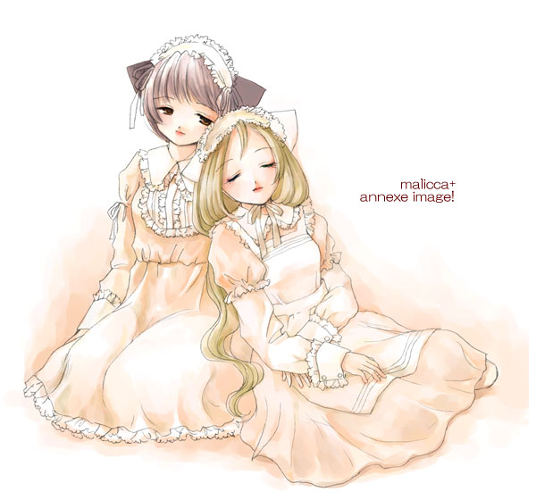 animal ears, annexe, apron, blonde hair, bow, brown eyes, brown hair, cat ears, dress, long hair, maid, maid apron, malicca, short hair, sleeping