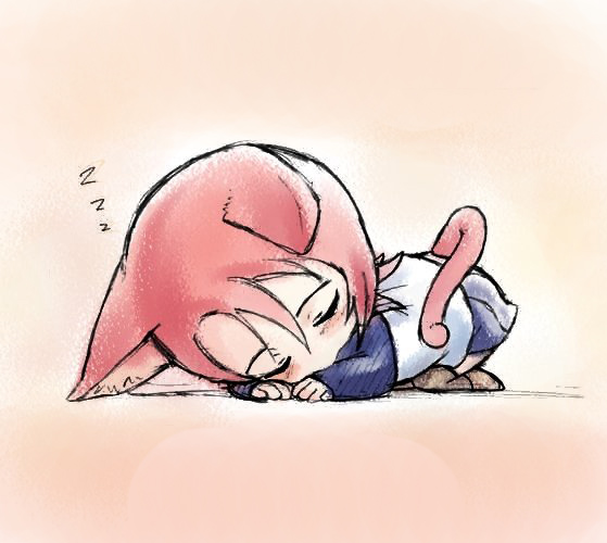 yuuki nao, my-hime, 00s, animal ears, cat ears, cat tail, chibi, closed eyes, pink hair, red hair, short hair, skirt, sleeping, solo, tail