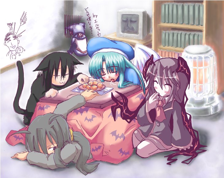 ahoge, animal ears, black hair, brown hair, cat ears, food, fruit, green hair, grey hair, hat, kotatsu, long hair, mandarin orange, ponytail, purple hair, short hair, table, wings