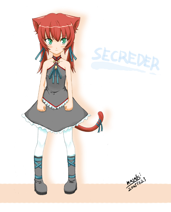 masaki, 1girl, :3, animal ears, blush, boots, bow, cat ears, dress, female focus, flat chest, green eyes, halterneck, long hair, pantyhose, red hair, ribbon, secreder, simple background, solo, twintails