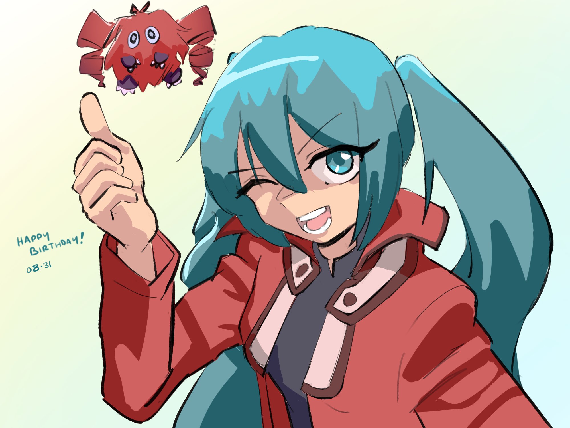 hatsune miku, kasane teto, kuriboh, yuki judai, vocaloid, yu-gi-oh!, yu-gi-oh! gx, highres, 1girl, black shirt, blue eyes, blue hair, cosplay, dated, duel academy uniform (yu-gi-oh! gx), fusion, grey background, happy birthday, hugeseaslug, jacket, long hair, one eye closed, open mouth, red jacket, shirt, simple background, smile, solo focus, thumbs up, twintails, upper body, yuki judai (cosplay)