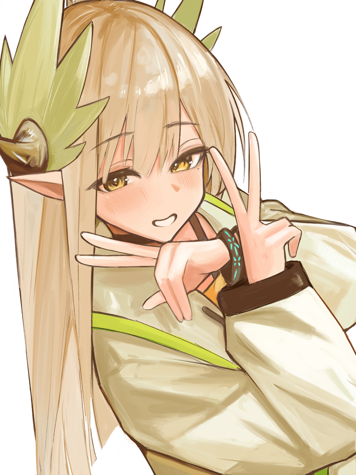 ha (huton in mach), infection monitor (arknights), muelsyse (arknights), arknights, commentary, highres, 1girl, blonde hair, blush, bracelet, double v, dutch angle, elf, grin, hair between eyes, hands up, jewelry, lab coat, laurel crown, long hair, looking at viewer, mole, mole under eye, pointy ears, simple background, smile, solo, upper body, v, white background, yellow eyes