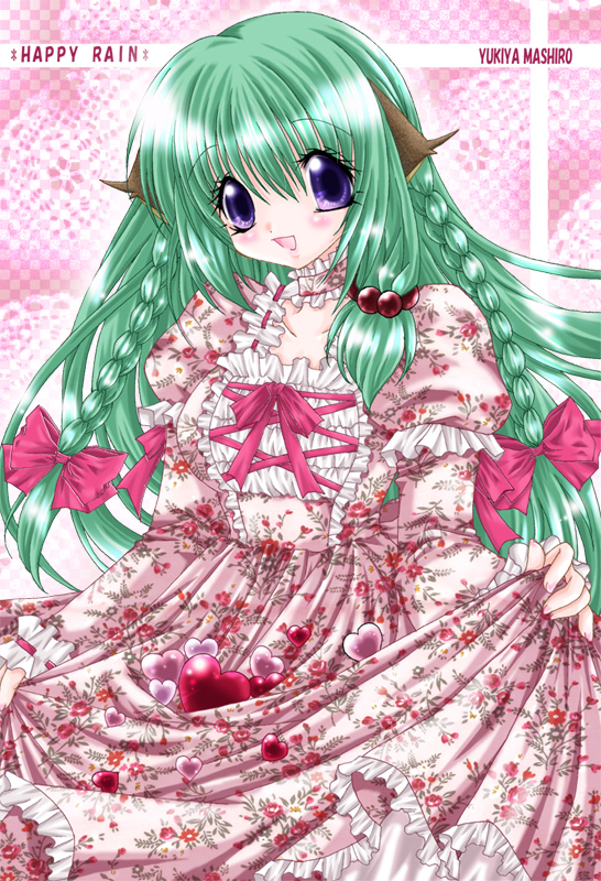 animal ears, blush, bow, braid, cat ears, choker, dress, green hair, happy rain, long hair, plait, purple eyes, ribbon, yukiya mashiro