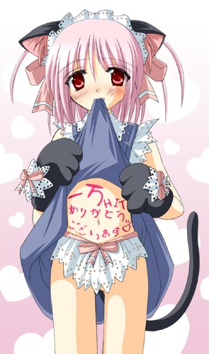 lowres, animal ears, blush, bow, cat ears, dress, fang, gloves, maid, midriff, pink hair, red eyes, ribbon, short hair, skirt
