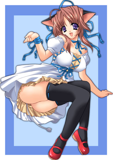 ahoge, animal ears, bow, brown hair, cat ears, dress, lolita fashion, long hair, purple eyes, ribbon, skirt, thighhighs