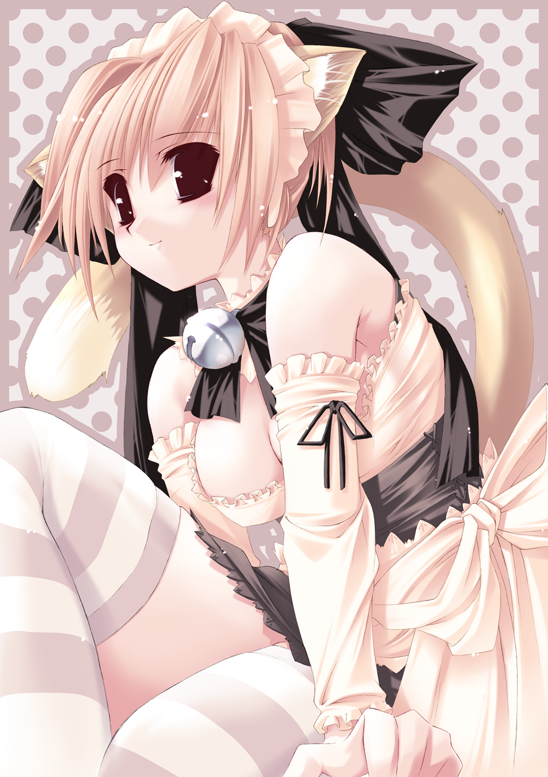 guilty troop factory, jian, highres, animal ears, apron, bell, blonde hair, bow, brown eyes, cat ears, cat tail, collar, dress, gloves, maid, maid apron, ribbon, short hair, smile, solo, tail, thighhighs