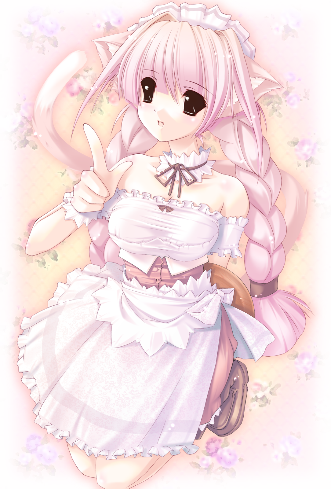 guilty troop factory, jian, highres, animal ears, apron, bare shoulders, black eyes, bow, braid, cat ears, cat tail, choker, dress, fang, long hair, maid, maid apron, pink hair, plait, ribbon, smile, solo, tail, twintails