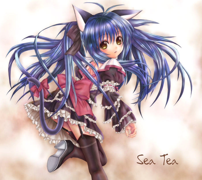 sea tea, ahoge, blue hair, bow, dress, garter belt, gothic lolita, high heels, lolita fashion, long hair, shoes, thighhighs, twintails, yellow eyes