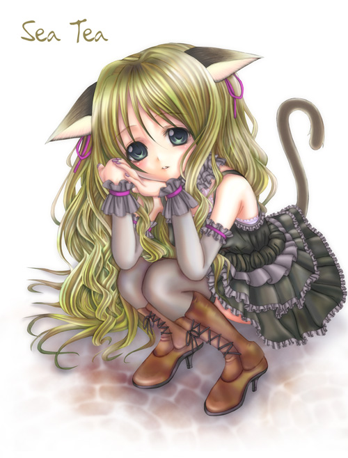 sea tea, animal ears, blonde hair, boots, bow, cat ears, dress, gloves, gothic lolita, green eyes, high heels, lolita fashion, long hair, shoes, thighhighs