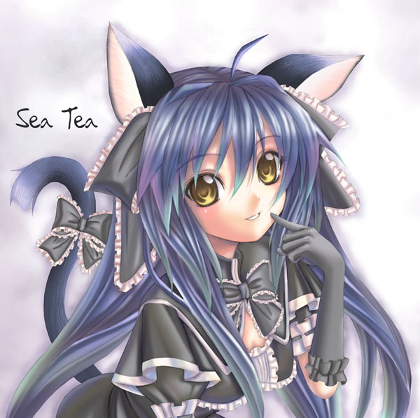 sea tea, ahoge, animal ears, blue hair, bow, cat ears, dress, gloves, gothic lolita, lolita fashion, long hair, yellow eyes