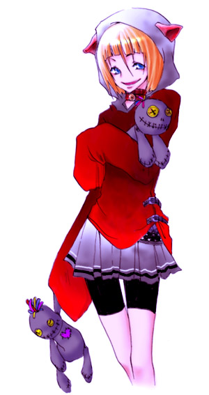 nekohood, animal ears, bell, blue eyes, cat ears, collar, red hair, short hair, shorts, skirt