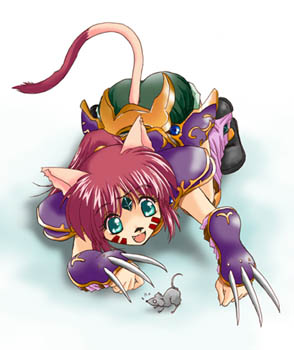 final fantasy, final fantasy xi, lowres, 00s, animal ears, armor, boots, cat ears, gloves, green eyes, long hair, mouse (animal), ponytail, red hair, shorts, tattoo