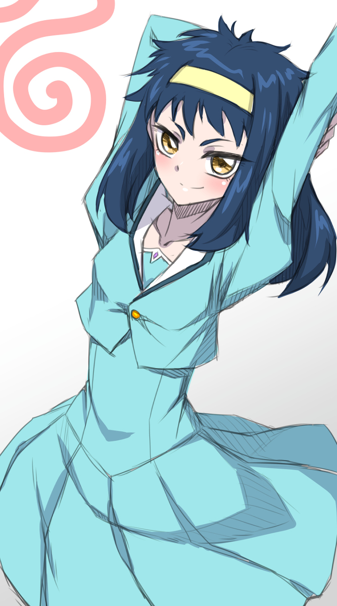 shimabara yuuhi, neo ranga, arms up, blue dress, blue hair, blush, breasts, dress, medium breasts, medium hair, neck, smile, stretching, yellow eyes