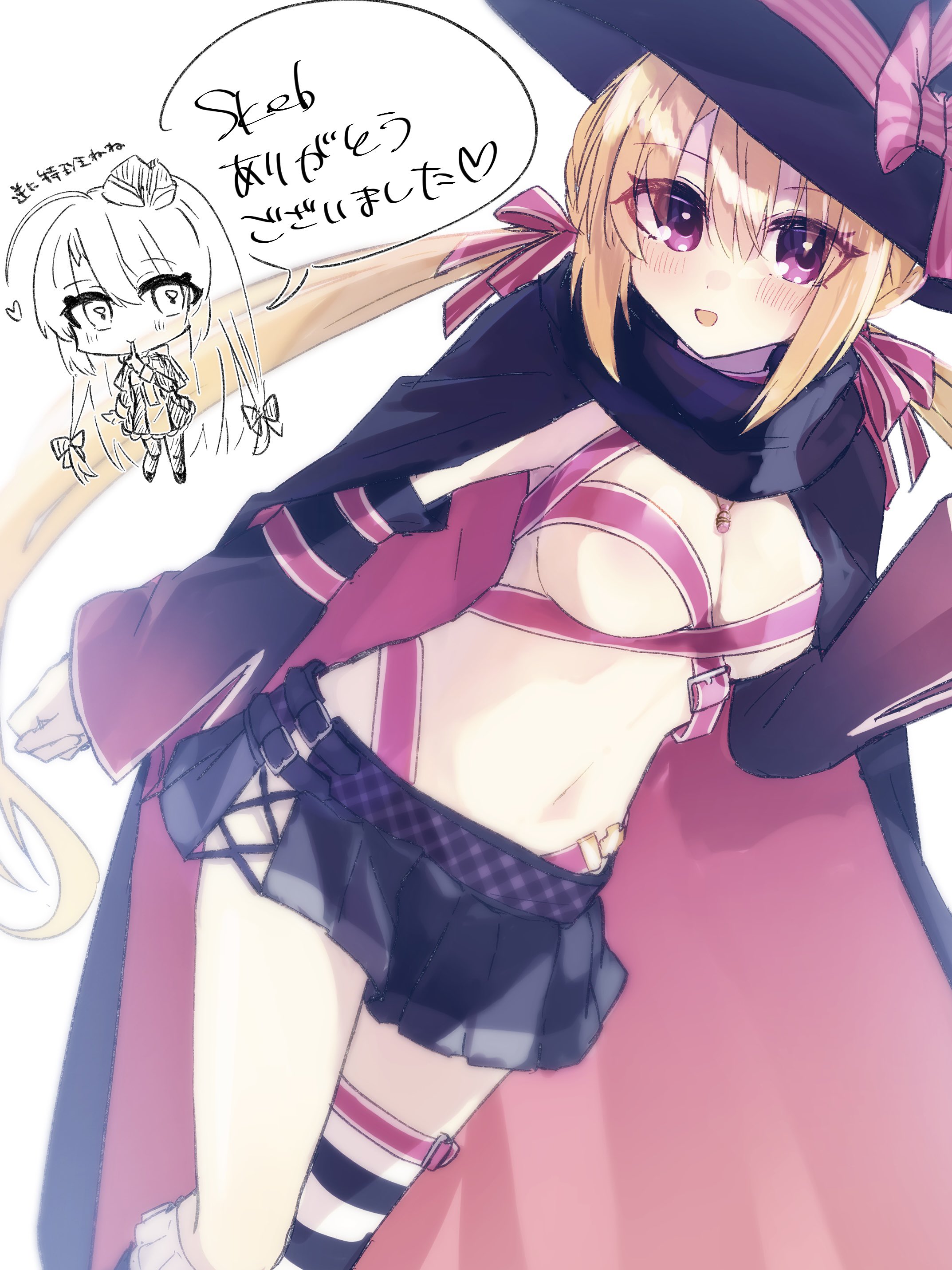 ch2sh, arihara nanami, ayachi nene, riddle joker, sanoba witch, yuzu-soft, absurdres, commentary request, commission, highres, skeb commission, translation request, 2girls, :d, arihara nanami (cosplay), arm at side, ayachi nene (cosplay), belt, belt bra, black cape, black dress, black hat, black skirt, blonde hair, blush, bow, breasts, cape, chibi, chibi inset, cleavage, clenched hand, company connection, cosplay, costume switch, detached sleeves, dress, dutch angle, eyes visible through hair, garrison cap, hair between eyes, hair bow, hair ribbon, hand up, hat, hat bow, heart, index finger raised, large breasts, long hair, long sleeves, looking at viewer, low twintails, miniskirt, multiple girls, navel, open mouth, pink belt, pink bow, pink cape, pleated skirt, red eyes, red ribbon, ribbon, sidelocks, simple background, single thighhigh, skirt, smile, solo focus, speech bubble, stomach, striped clothes, striped thighhighs, thighhighs, twintails, two-sided cape, two-sided fabric, very long hair, white background, wide sleeves, witch hat, zettai ryouiki
