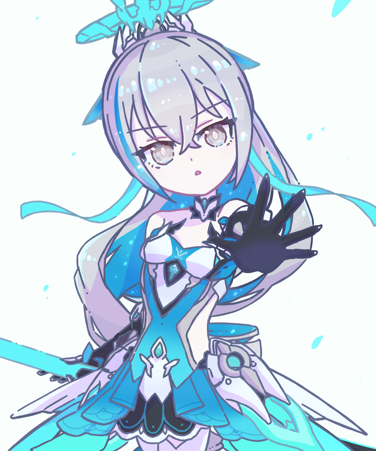 weizhi (micimicimicimic), bronya zaychik, bronya zaychik (herrscher of truth), honkai (series), honkai impact 3rd, commentary request, highres, 1girl, armored gloves, bare shoulders, blue dress, blue hair, breasts, colored inner hair, dress, grey eyes, grey hair, hair between eyes, halo, holding, looking at viewer, multicolored hair, outstretched arm, parted lips, ponytail, simple background, small breasts, solo, streaked hair, white background