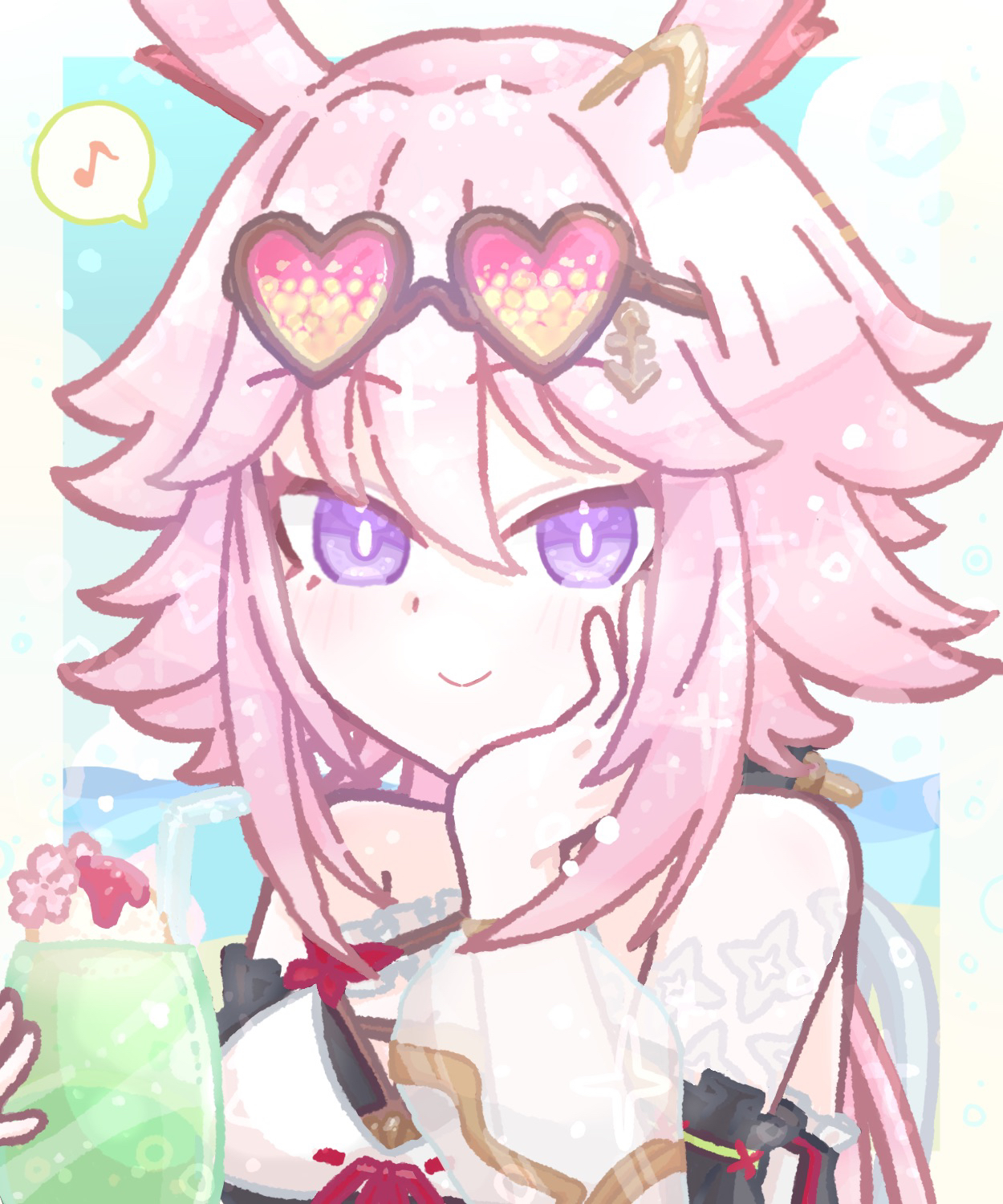 weizhi (micimicimicimic), yae sakura, yae sakura (goushinnso memento), yae sakura (sakura summer), honkai (series), honkai impact 3rd, commentary, highres, symbol-only commentary, 1girl, animal ears, arm support, closed mouth, cup, eyewear on head, fox ears, hand on own cheek, hand on own face, holding, holding cup, long hair, looking at viewer, musical note, pink hair, purple eyes, smile, solo, spoken musical note, upper body