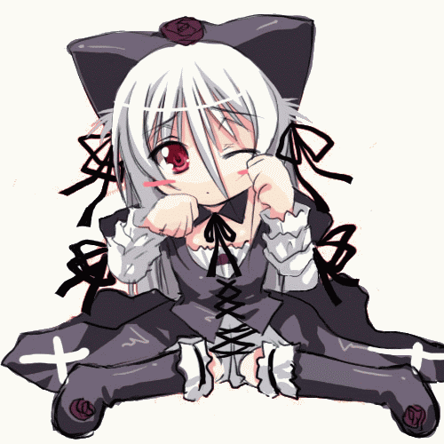 suigintou, rozen maiden, animated, animated gif, lowres, 00s, animal ears, blush, boots, bow, cat ears, doll, dress, gothic lolita, knee boots, kneehighs, lolita fashion, long hair, mercury lampe, red eyes, socks, white hair