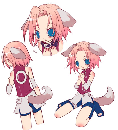 hayashi rin, haruno sakura, naruto (classic), naruto (series), lowres, animal ears, blue eyes, collar, dog ears, pink hair, short hair, shorts