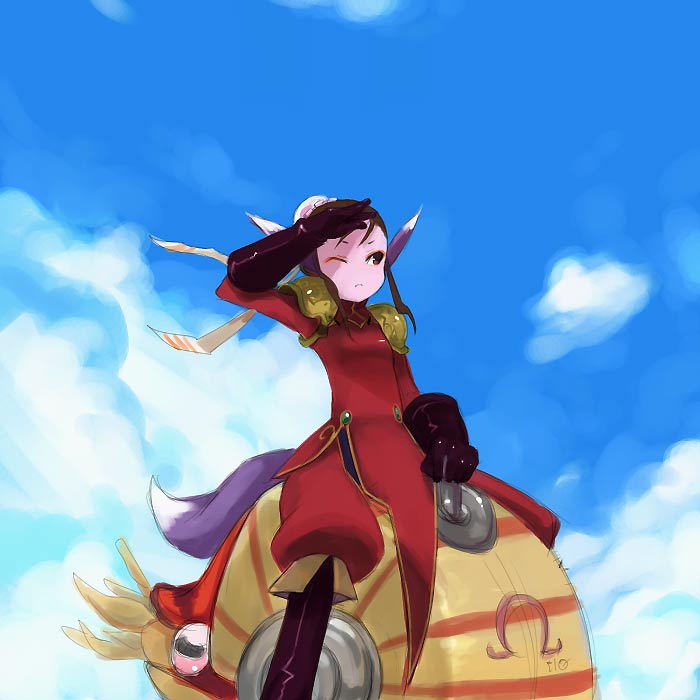 ursula (breath of fire), breath of fire, capcom, animal ears, black hair, bof4, bofiv, boots, dress, fox ears, game, gloves, pants, purple eyes, ribbon, tattoo