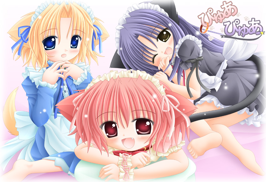 hinata (pure pure), tobari (pure pure), pure pure, 3girls, animal ears, apron, barefoot, blonde hair, blue eyes, bow, brown eyes, cat ears, cat girl, collar, dog ears, dress, fang, female focus, flat chest, loli, long hair, multiple girls, pink eyes, pink hair, purple hair, short hair