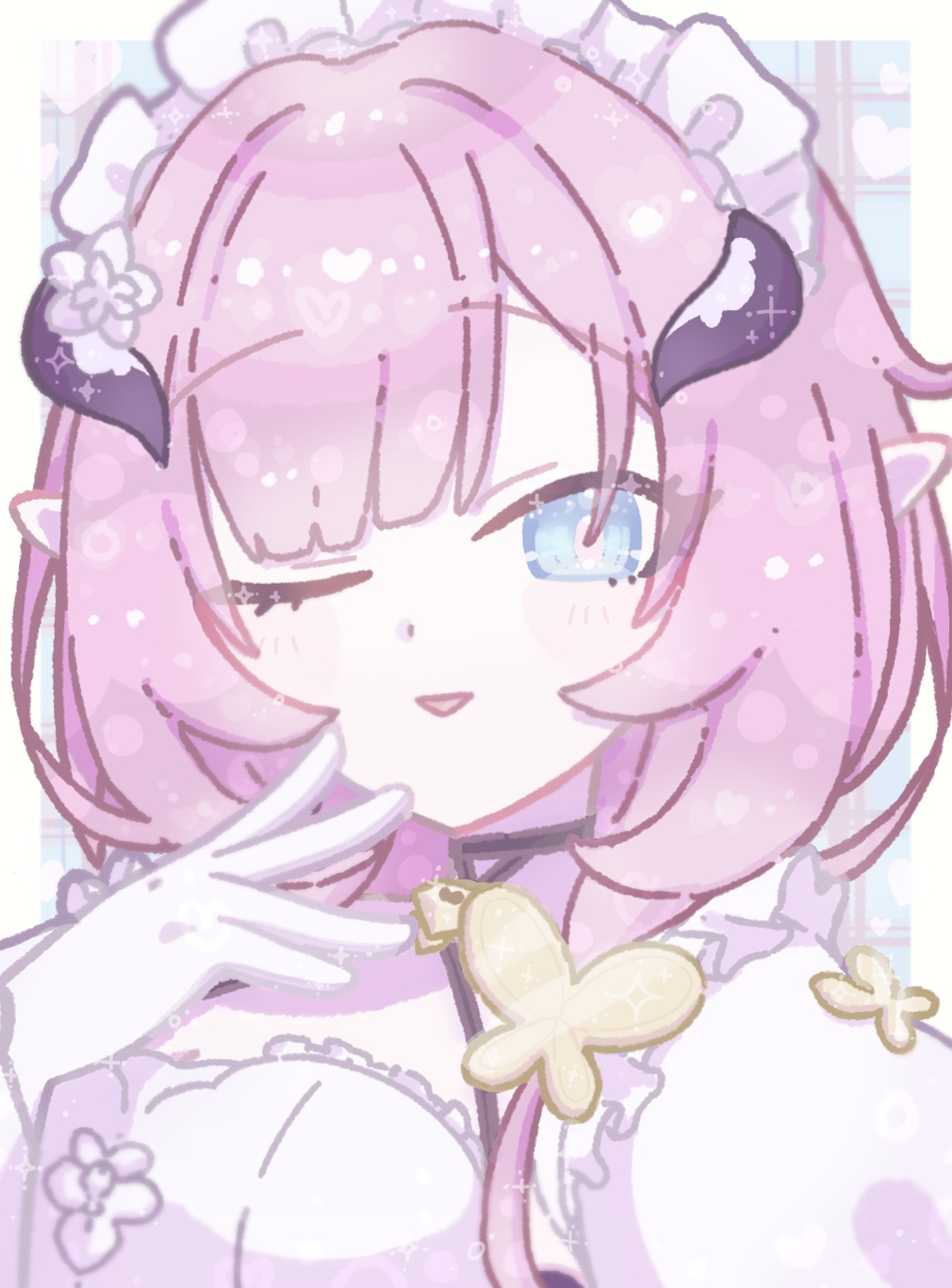 weizhi (micimicimicimic), elysia (honkai impact), elysia (miss pink) (honkai impact), elysia (miss pink elf) (honkai impact), honkai (series), honkai impact 3rd, commentary request, highres, 1girl, black horns, blue eyes, breasts, gloves, hand up, horns, long hair, looking at viewer, maid headdress, medium breasts, one eye closed, parted lips, pink hair, pink pupils, pointy ears, portrait, smile, solo, white gloves