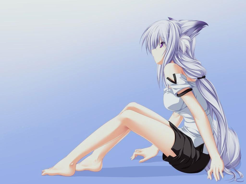 animal ears, barefoot, fox ears, long hair, ponytail, purple eyes, skirt, white hair