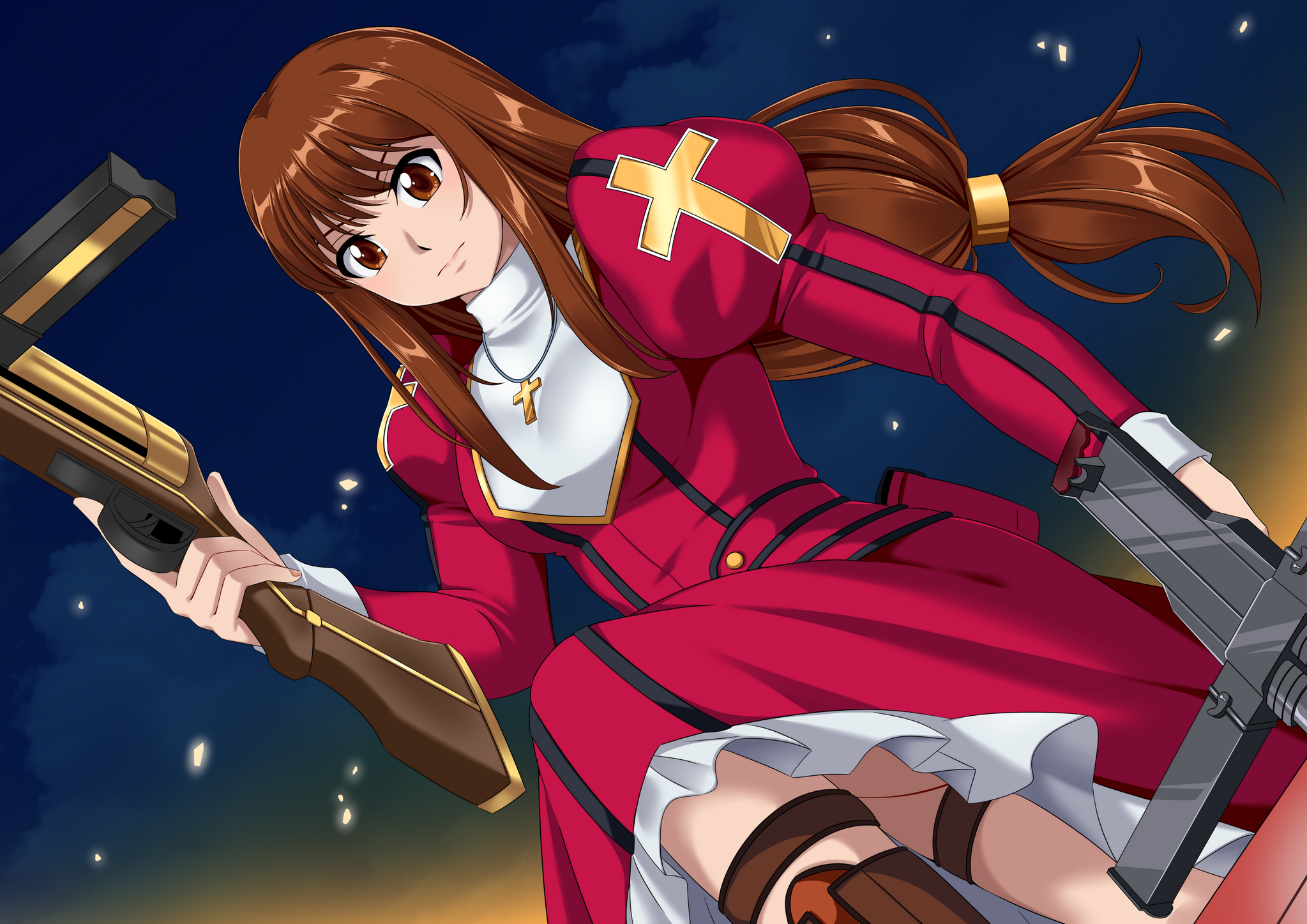 wavelevel5, erica fontaine, sakura taisen, sakura taisen iii, highres, boots, brown boots, brown eyes, brown hair, collar, cross, dress, dual wielding, gun, holding, holding gun, holding weapon, juliet sleeves, latin cross, long hair, long sleeves, looking at viewer, low-tied long hair, puffy sleeves, red dress, sidelocks, weapon, white collar