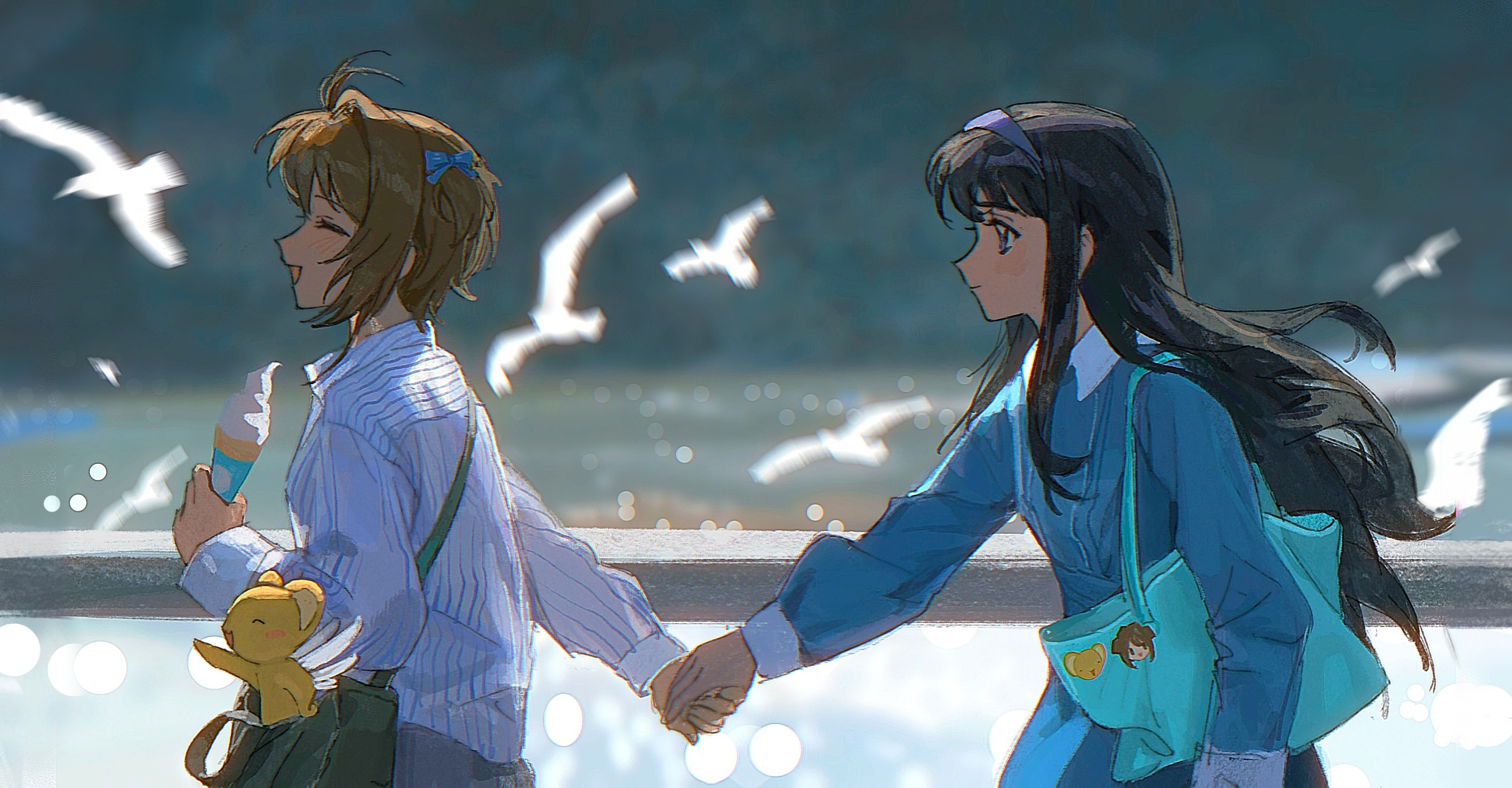 ling5707, daidouji tomoyo, kero (cardcaptor sakura), kinomoto sakura, cardcaptor sakura, chinese commentary, highres, 2girls, bag, bird, blue skirt, blurry, blurry background, food, holding, holding food, holding hands, holding ice cream, ice cream, long hair, multiple girls, ocean, seagull, shore, shoulder bag, skirt