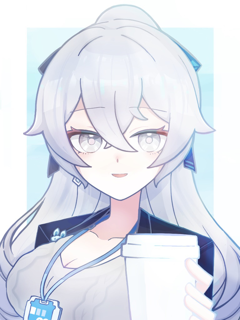weizhi (micimicimicimic), bronya zaychik, bronya zaychik (outstanding attitude), bronya zaychik (silverwing: n-ex), honkai (series), honkai impact 3rd, commentary request, 1girl, black jacket, blue background, border, breasts, cleavage, collarbone, cup, disposable coffee cup, disposable cup, grey eyes, grey hair, grey shirt, hair between eyes, holding, holding cup, jacket, lanyard, large breasts, long hair, looking at viewer, official alternate costume, parted lips, pink pupils, ribbed shirt, shirt, smile, solo, white border