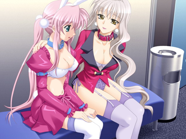 kanna (plum), reijou club, game cg, 2girls, animal ears, blue eyes, bow, breasts, brown eyes, brown hair, cleavage, collar, garter straps, long hair, multiple girls, pink hair, rabbit ears, sitting, skirt, thighhighs, trash can, twintails