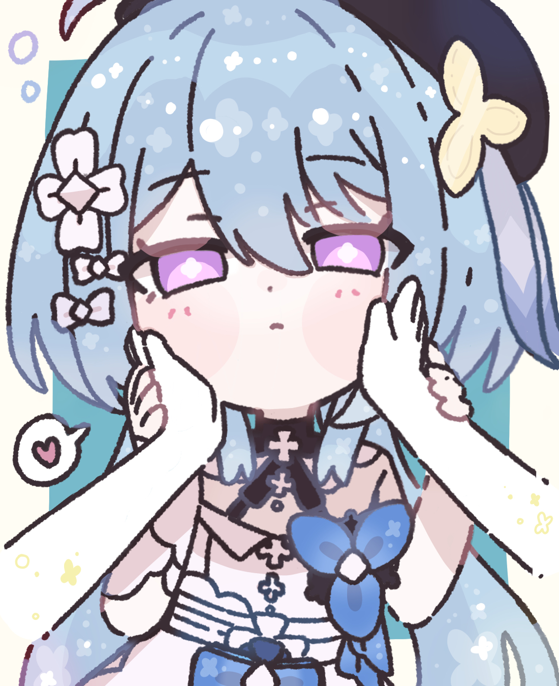 weizhi (micimicimicimic), griseo, honkai (series), honkai impact 3rd, commentary, highres, symbol-only commentary, 1girl, 1other, aqua background, black hat, blue hair, border, cheek press, dress, guided hand on cheek, hair between eyes, hands on another's cheeks, hands on another's face, hat, holding another's wrists, long hair, looking at viewer, pov, pov hands, purple eyes, solo focus, white dress, yellow border