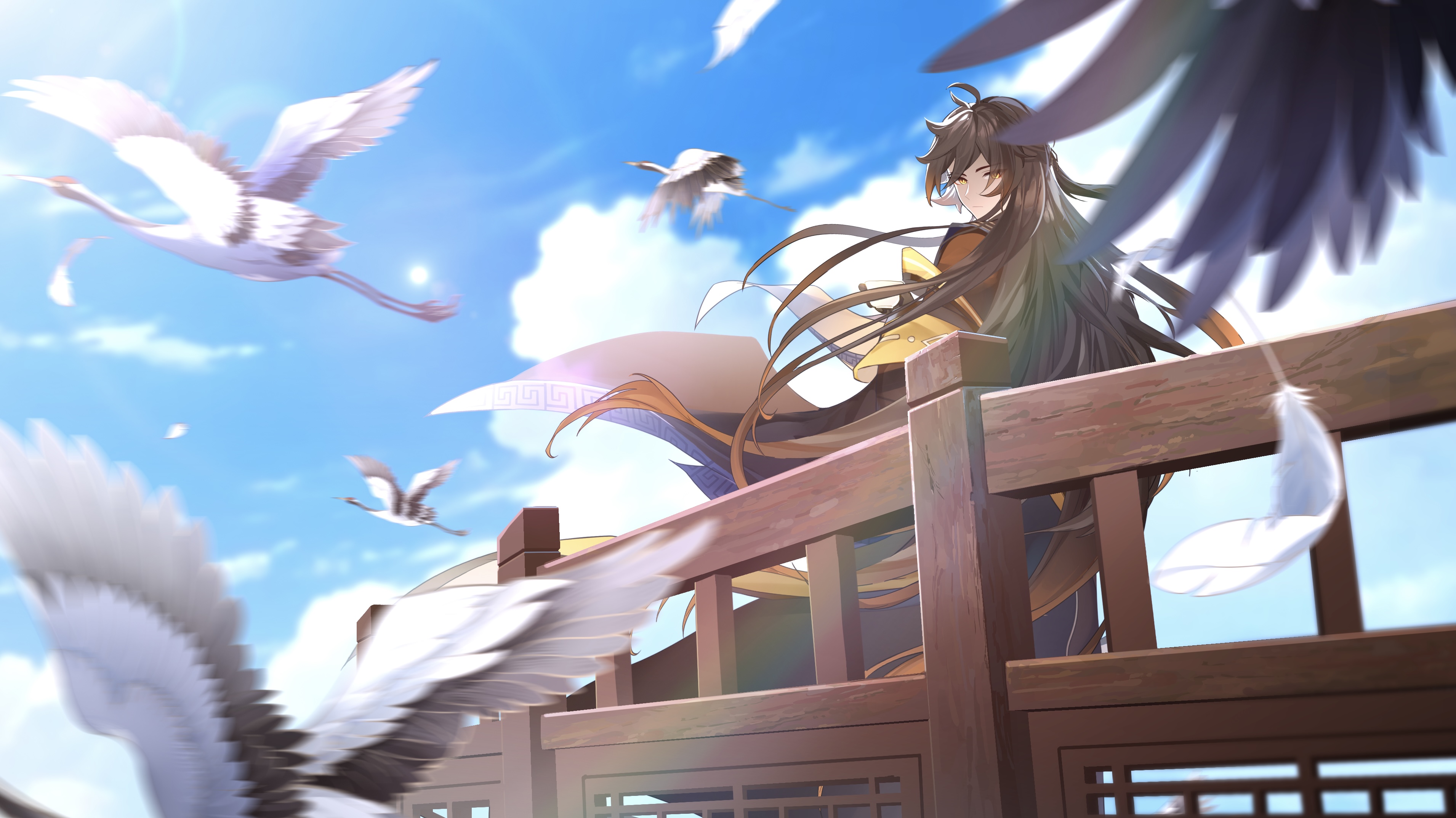 hamilundenongdizhe, zhongli (genshin impact), genshin impact, absurdres, highres, tagme, 1boy, alternate costume, bird, black hair, chinese clothes, closed mouth, cloud, cloudy sky, crane (animal), feathers, floating hair, floating sleeves, long hair, long sleeves, looking at viewer, male focus, outdoors, railing, sky, solo, sun, yellow eyes