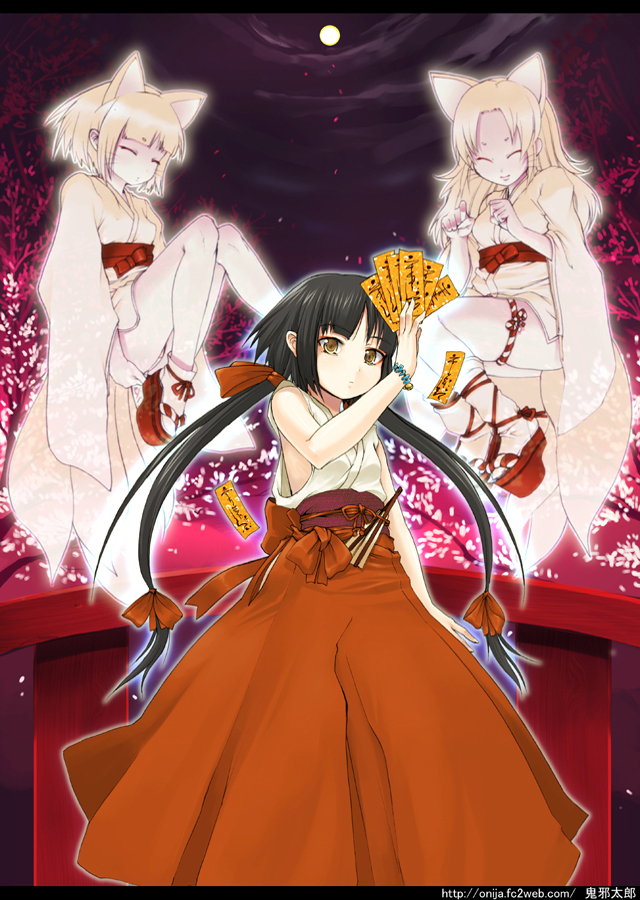 genom, onija tarou, 3girls, animal ears, black hair, blonde hair, bow, cat ears, fox ears, hakama, hakama skirt, japanese clothes, kimono, kneehighs, long hair, miko, multiple girls, ofuda, red hakama, ribbon, seal (animal), short hair, skirt, socks, tabi, twintails