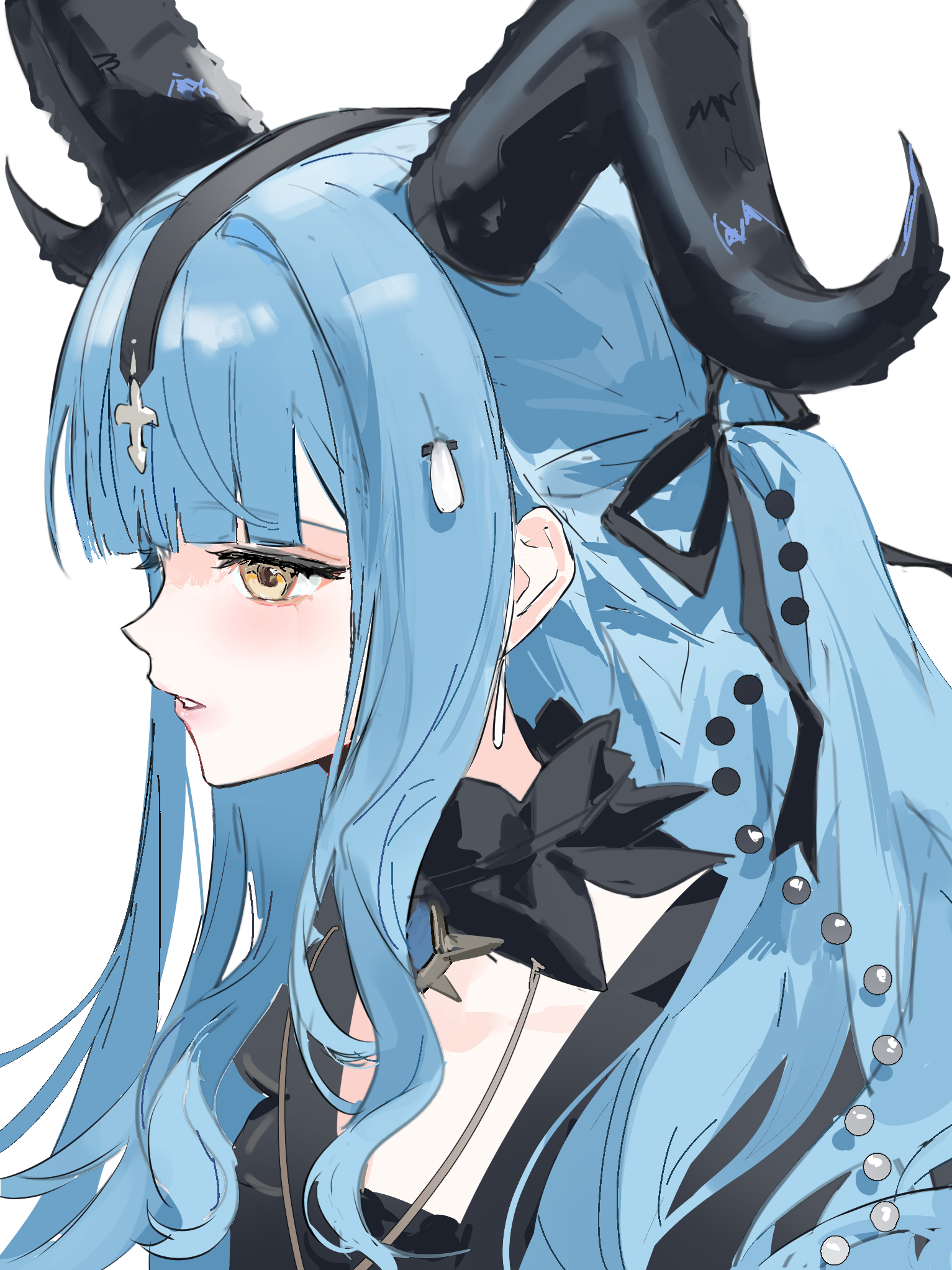 togawa sakiko, arknights, bang dream!, bang dream! it's mygo!!!!!, highres, 1girl, black horns, black ribbon, blue hair, blunt bangs, curled horns, detached collar, from side, hair ribbon, horns, long hair, parted lips, profile, ribbon, sidelocks, simple background, solo, togawa sakiko (master of melodia), upper body, white background, yellow eyes, youling wan