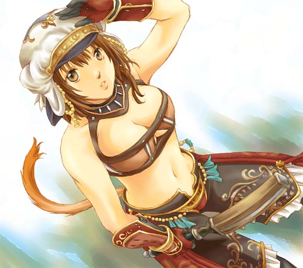 animal ears, armor, bandeau, brown eyes, brown hair, cat ears, gloves, hat, short hair, shorts
