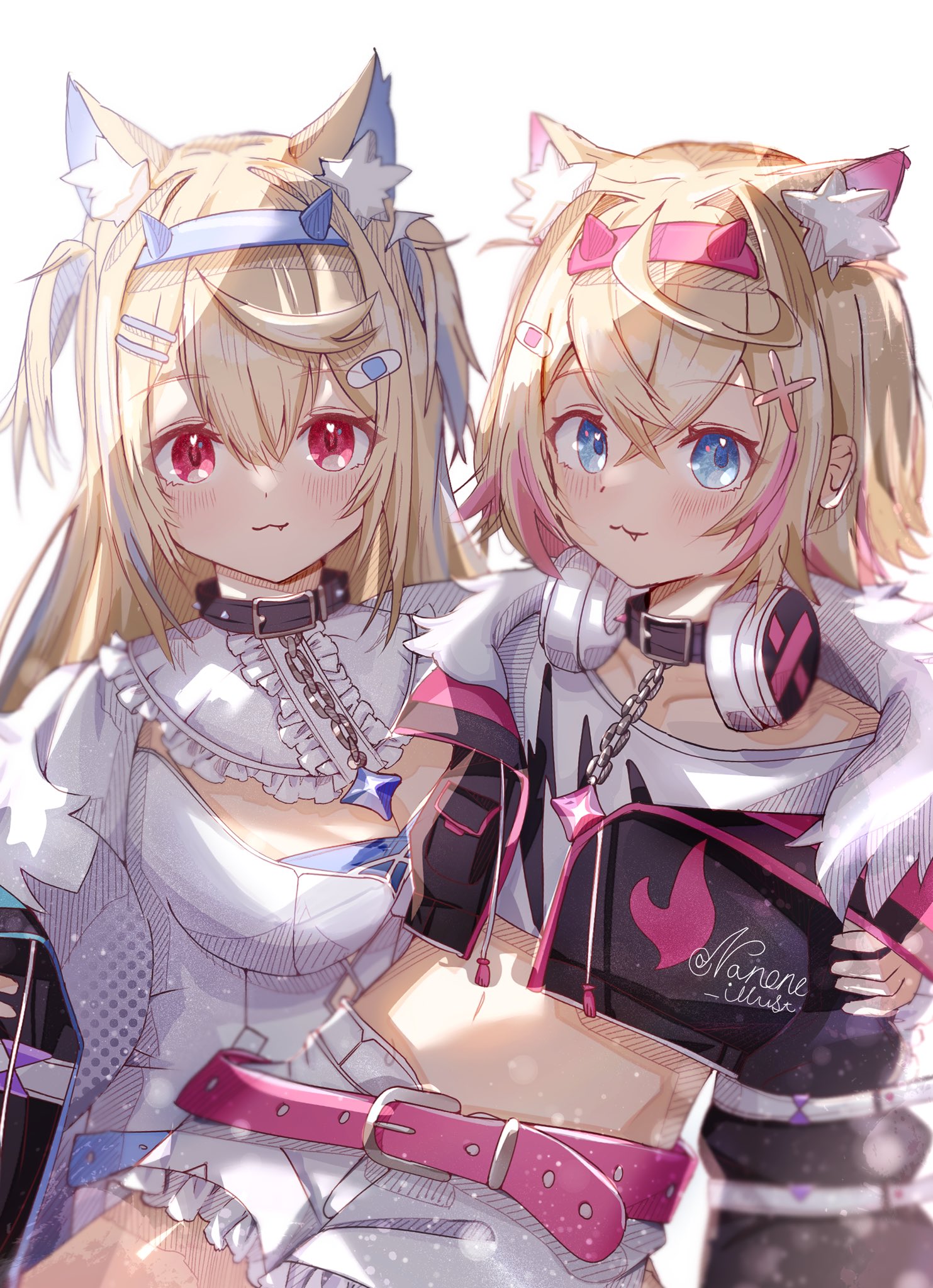 fuwawa abyssgard, fuwawa abyssgard (1st costume), mococo abyssgard, mococo abyssgard (1st costume), hololive, hololive english, highres, :3, black coat, black collar, black jacket, blonde hair, blue eyes, blue hair, blue hairband, blush, breasts, coat, collar, cowboy shot, cropped shirt, dress, fang, flat chest, hairband, headphones, headphones around neck, jacket, large breasts, nanone illust, open clothes, open jacket, pink eyes, pink hair, pink hairband, shirt, shorts, siblings, simple background, sisters, spiked hairband, spikes, twins, virtual youtuber, white background, white dress, white shirt, white shorts