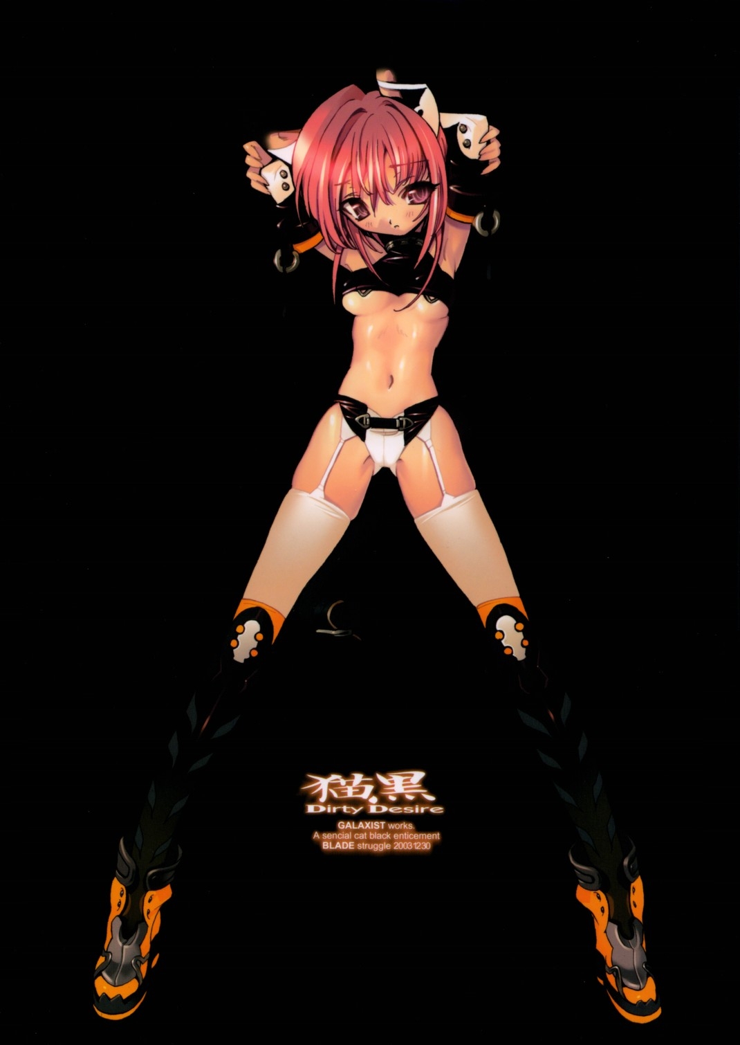 blade (galaxist), highres, animal ears, boots, breasts, cat ears, galaxism blade, galaxist blade, garter belt, gloves, panties, pink eyes, pink hair, thighhighs, underboob, underwear