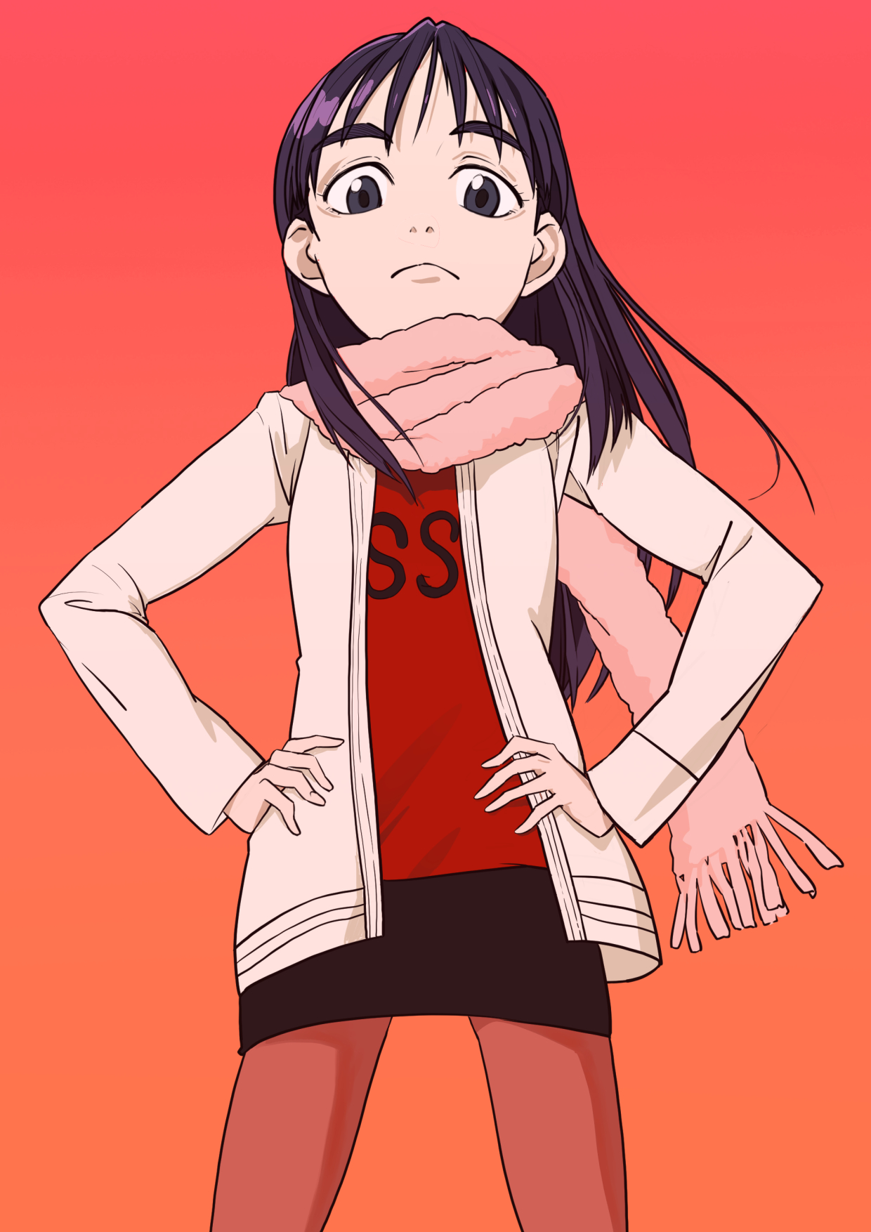 ninamori eri, flcl, arms at sides, looking down, purple hair, scarf