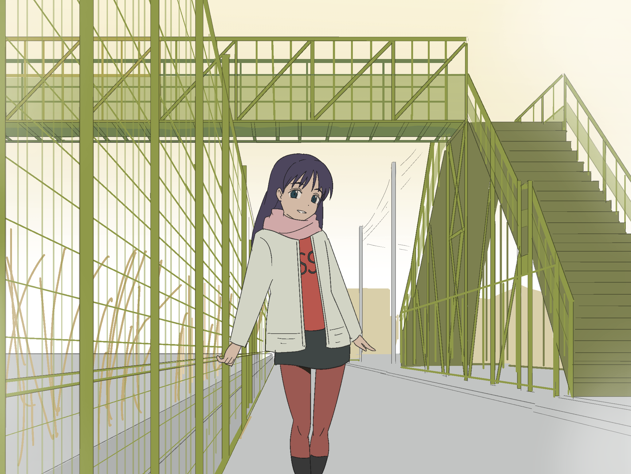 ninamori eri, flcl, 1girl, bridge, fence, grass, pedestrian bridge, power lines, purple hair, scarf, smile, stairs