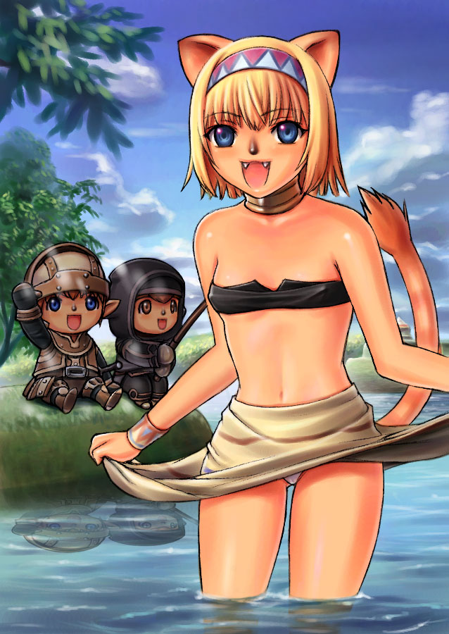 mithra (ff11), final fantasy, final fantasy xi, 00s, animal ears, blonde hair, blue eyes, cat ears, fang, flat chest, panties, short hair, skirt, tattoo, underwear
