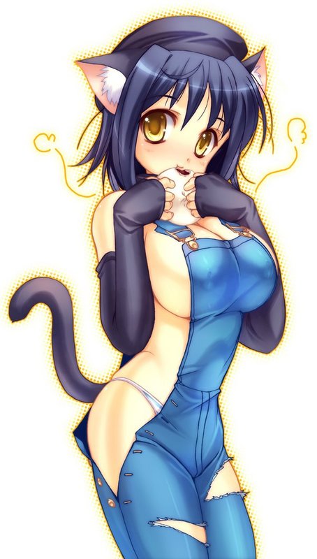 ahoge, animal ears, blue hair, cat ears, food, gloves, hat, overalls, panties, short hair, underwear, yellow eyes