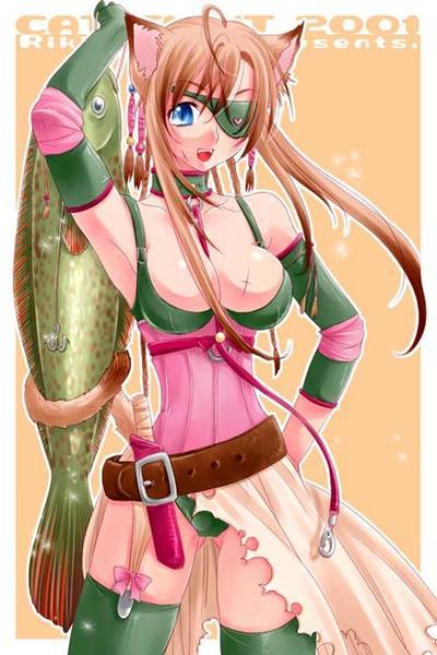 ahoge, animal ears, armband, belt, blue eyes, braid, brown hair, cat ears, collar, dagger, eyepatch, fish, gloves, knife, leash, long hair, plait, suspenders, thighhighs, weapon