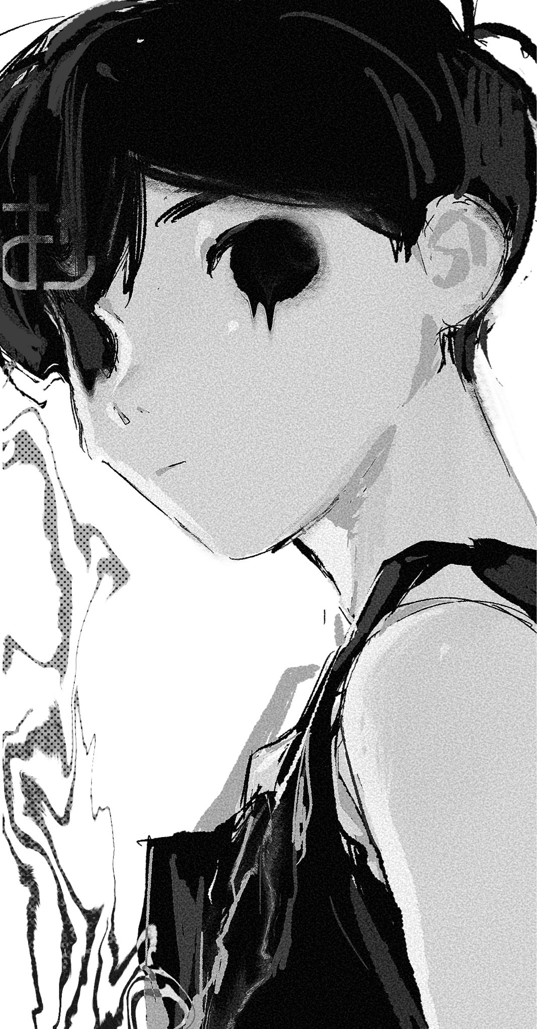 omori (omori), omori, highres, 0mo 666, 1boy, abstract background, antenna hair, bare shoulders, closed mouth, empty eyes, film grain, greyscale, hair between eyes, halftone, halftone background, high contrast, light frown, looking at viewer, male focus, monochrome, no pupils, portrait, short hair, sideways glance, simple background, solo, tank top, very short hair, white background
